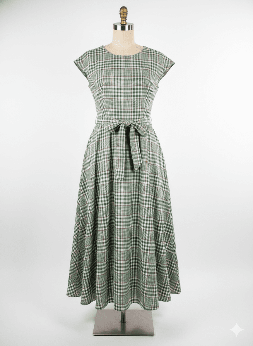 Girls Dress - Checked Green